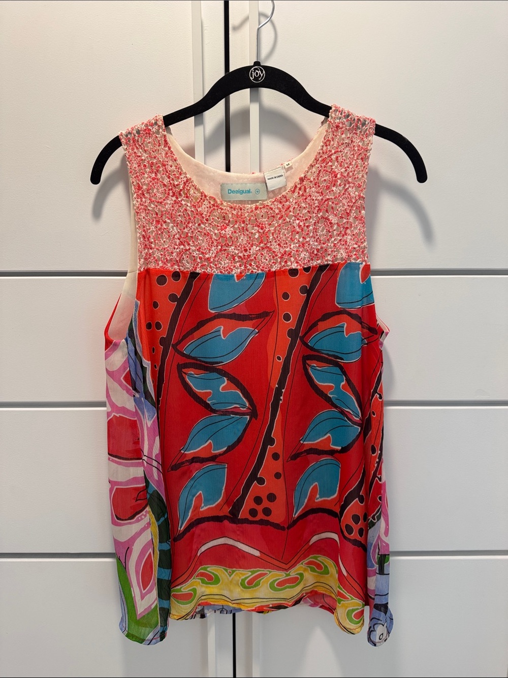 Desigual Red Tank Top with Pink Crochet Yoke and Turquoise Leaf Print